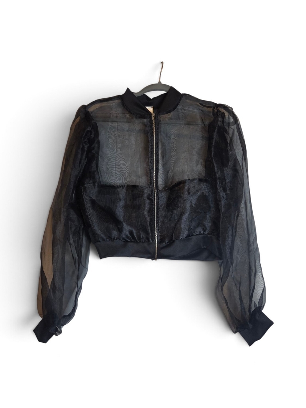 Urban Outfitters Black Sheer Puff-Sleeve Bomber Jacket